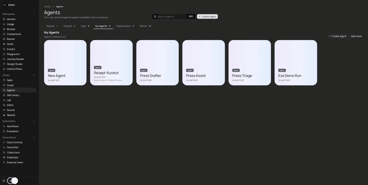 Agents library grid listing configured teammates such as Press Drafter, Press Assist, and Press Triage