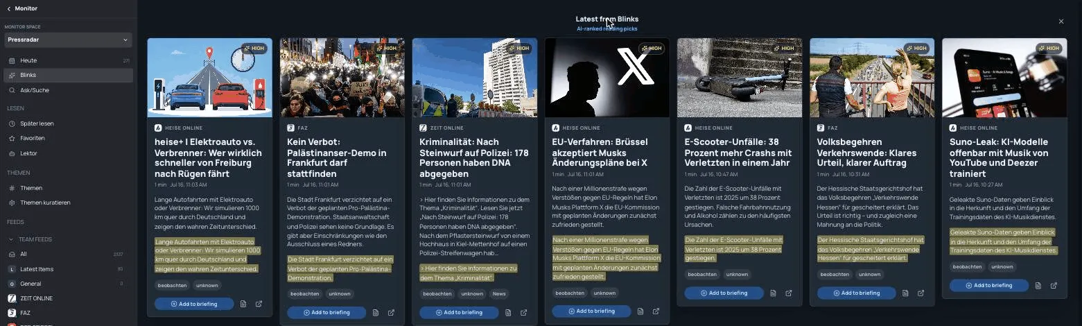 AI-ranked reading picks displayed as a card grid of top articles and signals
