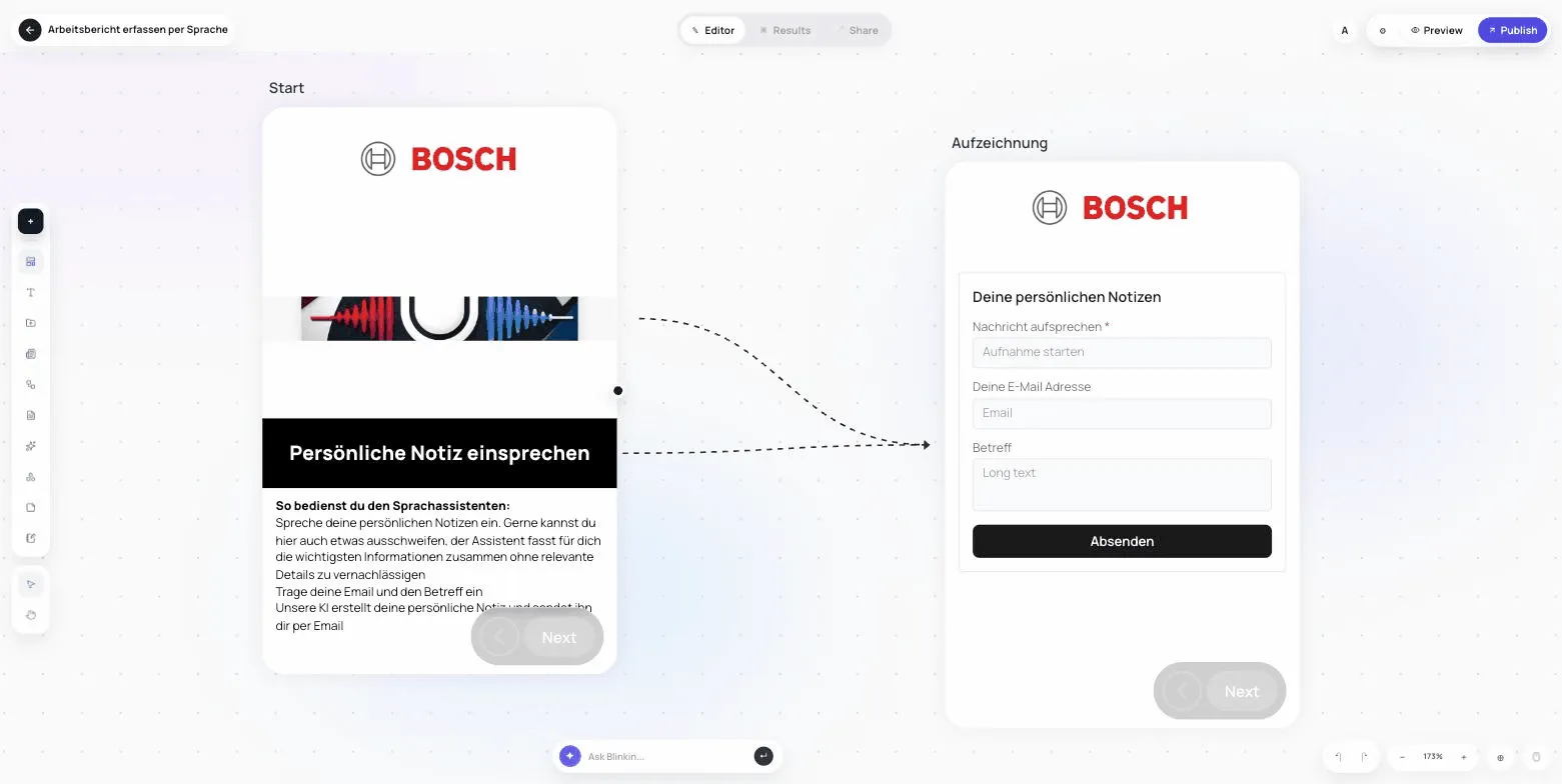 Boards editor showing BOSCH-branded app screens generated from a visual canvas