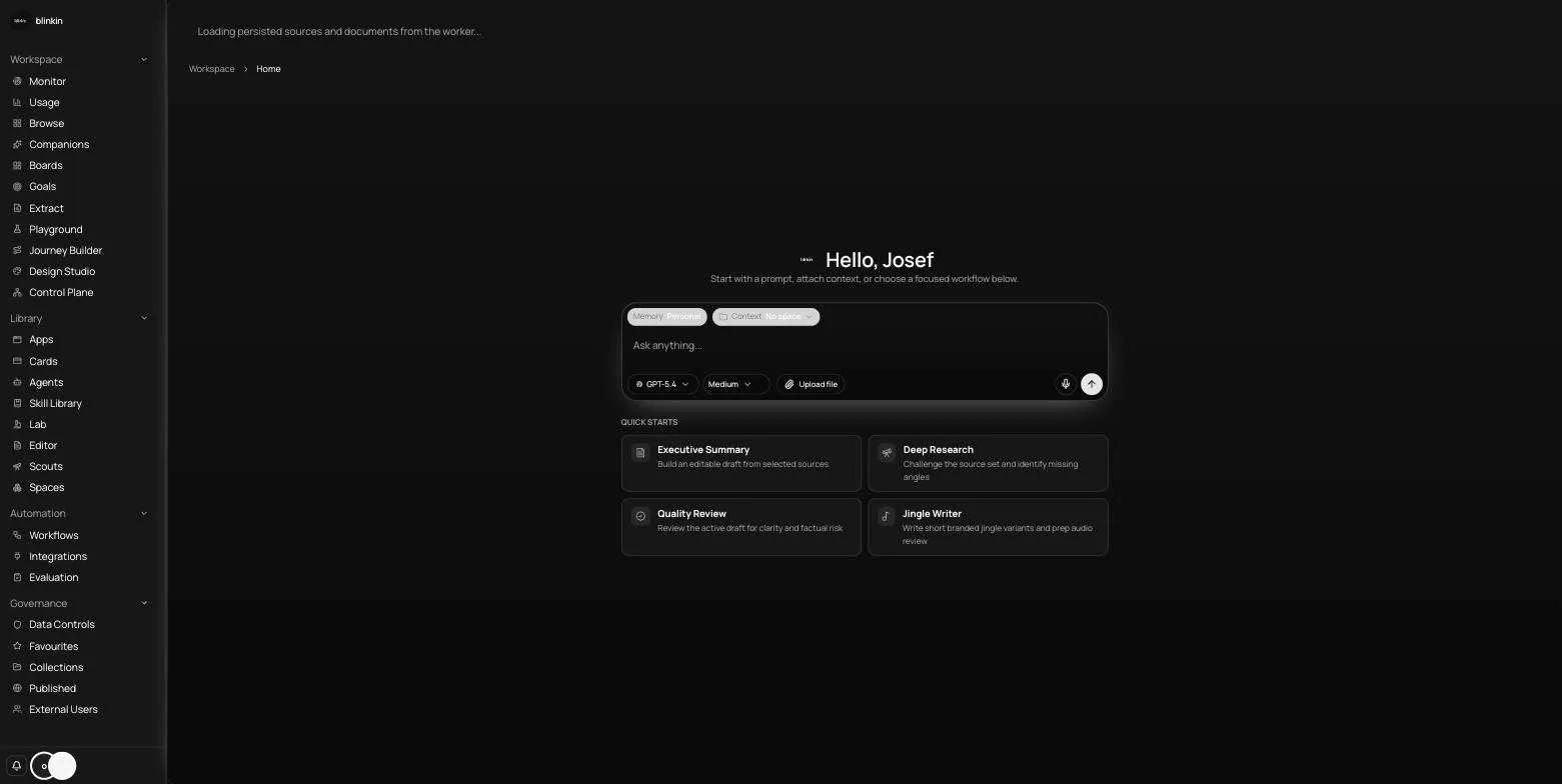 Platform home Ask anything prompt with quick-start workflow shortcuts