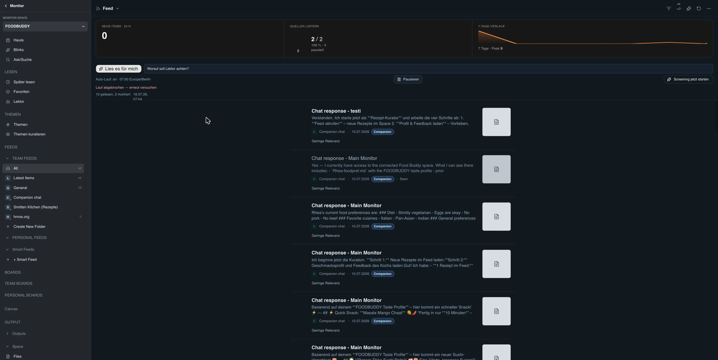 Radar feed panel with activity pulse, source health indicators, Lektor screening bar, and article detail