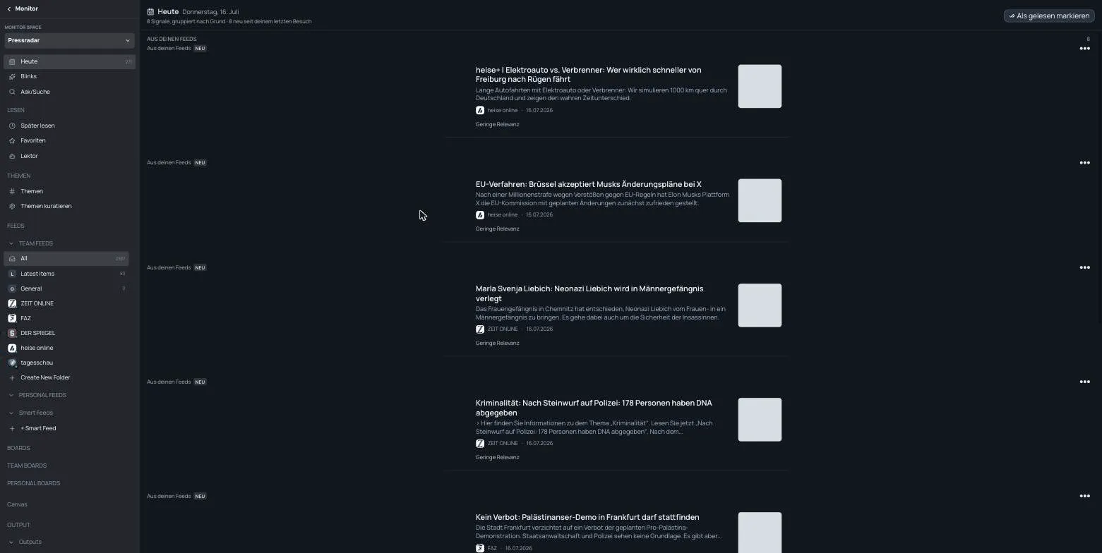 Monitor-Ansicht mit priorisierten Meldungen und verbundenen Quellen